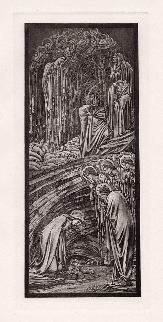 1800s Edward BURNE-JONES Antique Print Nativity FRAMED: Sir Edward Coley Burne-Jones (British, 1833-1898). The Nativity. Antique Heliogravure on wove paper after the original designs for stained glass by a master engraver. Year: 1889. Condition: Excellent.