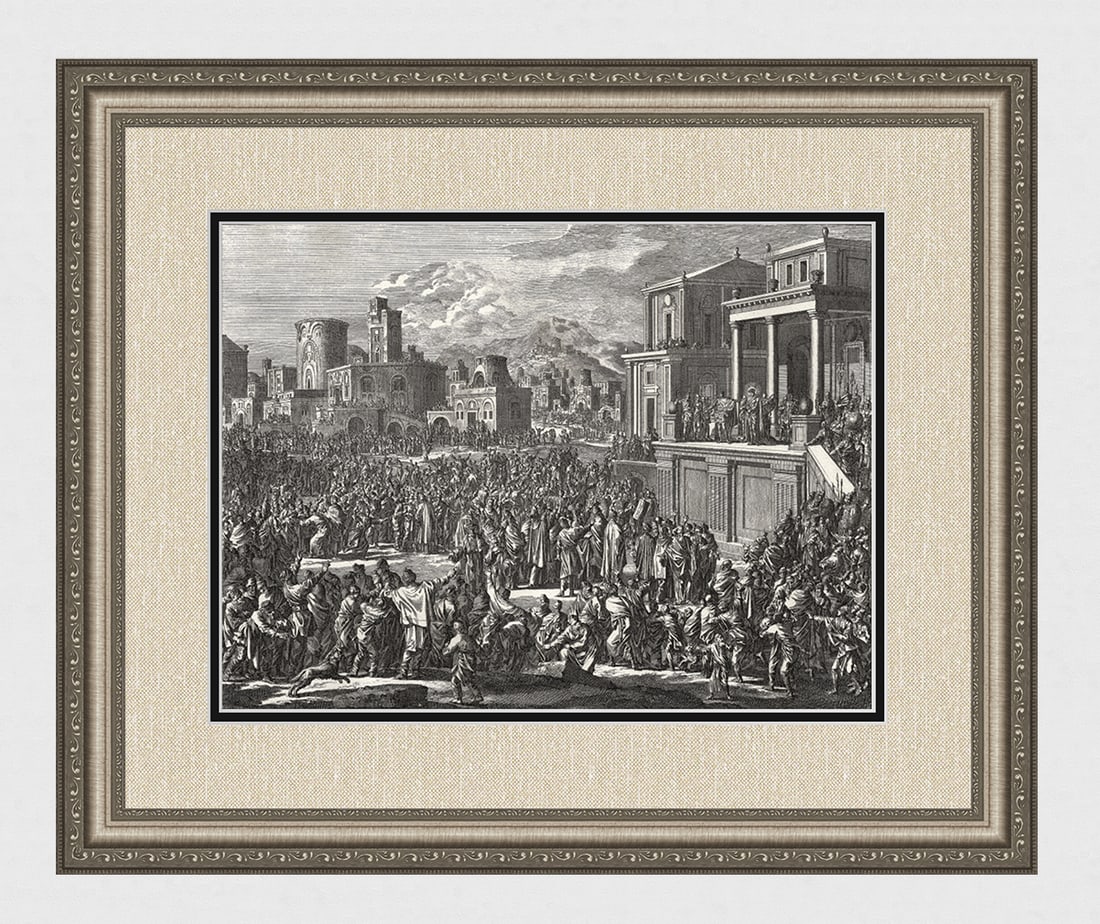 1747 Monumental Engraving Jan Luyken Pilate Behold the Man Framed: Jan Luyken (Dutch, 1649 - 1712). Pilate shows Jesus Christ to the people, saying, "Behold the man.". Antique engraving on laid paper. Year: 1747. Publisher: Frans Houtteyn. Reference: Hollstein / Dutc