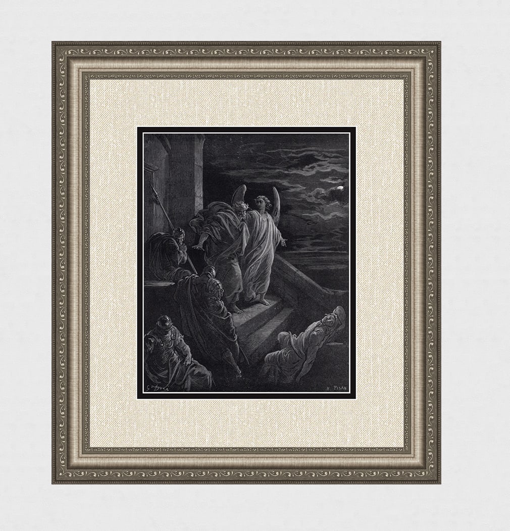 Gustave Dore St. Peter Rescued from Prison c. 1880 Wood Engraving: Gustave Dore (Paul Gustave Louis Christophe Dore) (French, 1832-1883). Saint Peter Delivered from Prison (The Deliverance of St. Peter) . Antique Wood Engraving on wove paper after the original by