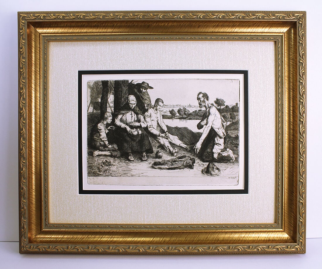 William Strang Mealtime 1884 Etching: William Strang (1859-1921). Mealtime. Original hand pulled copper plate etching on thick wove paper. Signed in the plate. 1884. Dimensions: Image Size 6 3/4 x 9 3/4 inches. Framing: Gallery framed