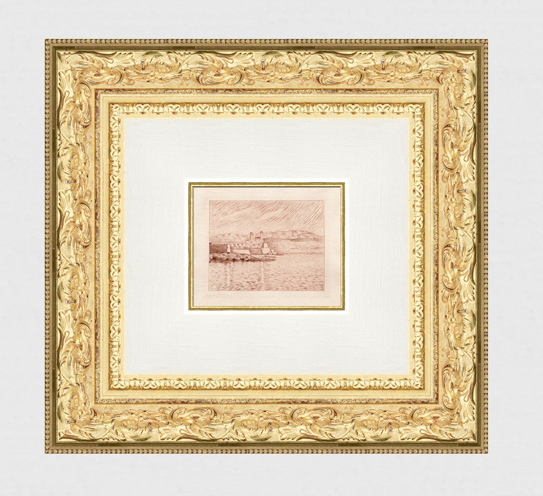 Claude Monet 1800's Etching Vue d'Antibes: Claude Monet (1840 - 1926). Vue d'Antibes (View of Antibes). Hand Pulled Copper plate etching and drypoint, printed in Sepia ink, on cream laid paper after the original by Auguste Marie Lauzet (1865