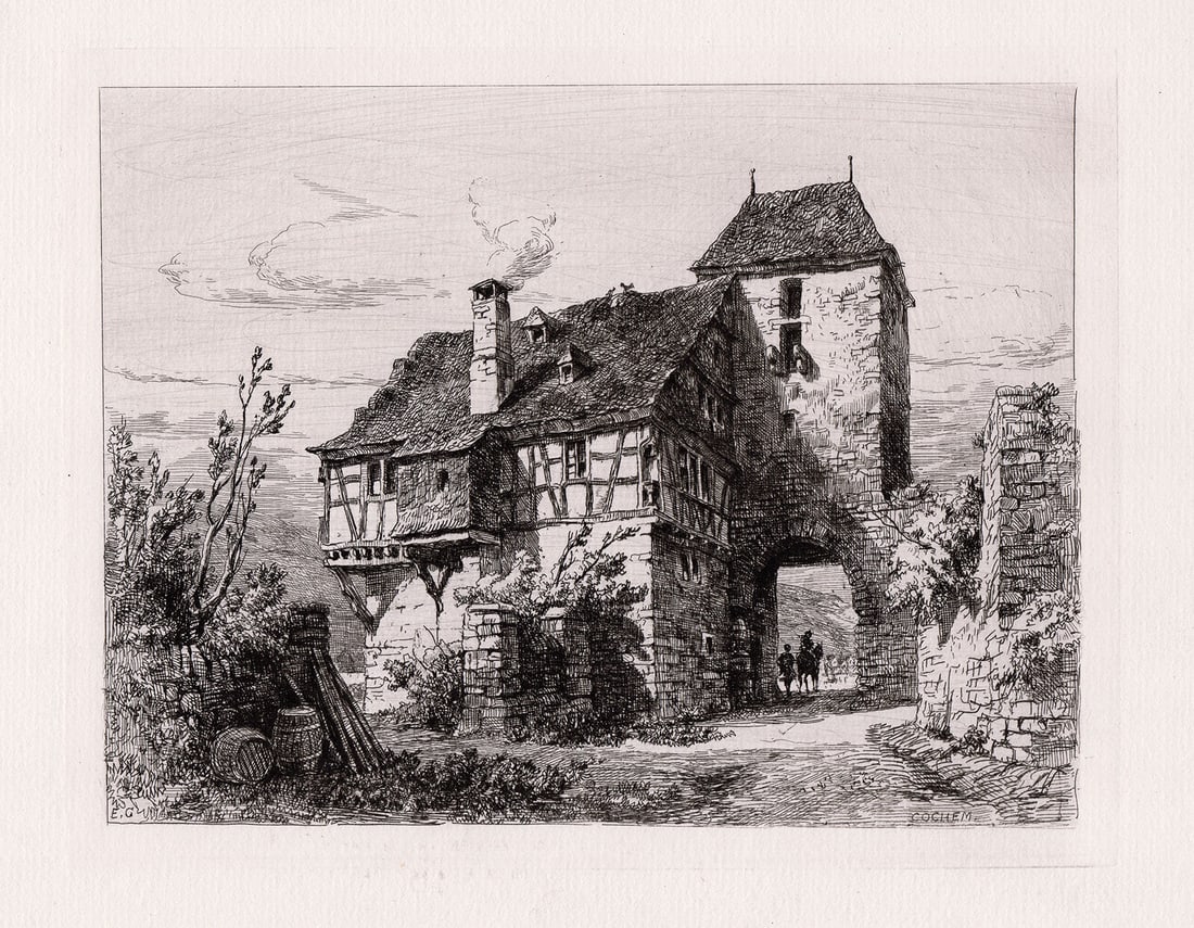 Sir Ernest George Old House and Towered Gateway at Cochem etching signed: Sir Ernest George. (English, 1839-1922). Old House and Towered Gateway at Cochem. Original Hand Pulled Copper Plate Etching on Laid Paper. 1874. Signed in the Plate, lower left. Excellent. Image Size
