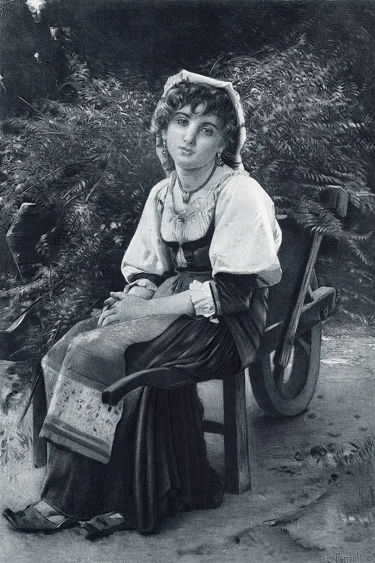 1800s Leon Perrault Antique Print End of Day Framed Signed: Leon-Jean-Bazille Perrault (French, 1832-1908). Return from the Fields. Antique heliogravure on thick wove paper after the original painting by a Master Engraver. Year: c. 1890. Signed in the plate,
