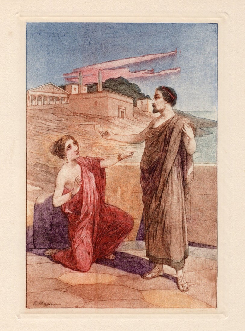 MAGLIN 1929 Color Engraving Demetrios & Chrysis make a Deal SIGNED FRAMED: Firmin Maglin (French, 1847 - 1946). The arrangement made between Demetrios and Chrysis (from Aphrodite). Original color engraving on wove paper. Year: 1929. Signed in the plate, lower left. Limited