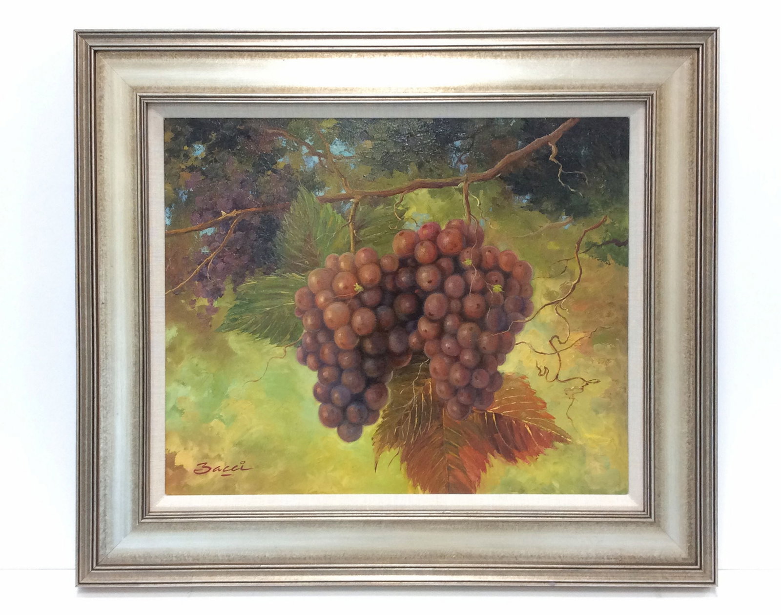 Detailed Villaflor Bacci Original Oil Painting Grapes Framed: Villaflor Bacci. Grapes. Original oil painting on canvas. Canvas Size 20 x 16 inches. Born in Peru, in 1952, Bacci is one of a group of extraordinary landscape painters that emerged during the last