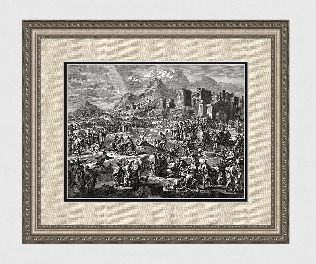 1747 Monumental Engraving Jan Luyken The Stoning of Saint Stephen Framed: Jan Luyken (Dutch, 1649 - 1712). The Stoning of Saint Stephen. Antique engraving on laid paper. Year: 1747. Publisher: Frans Houtteyn. Reference: Hollstein / Dutch and Flemish etchings, engravings