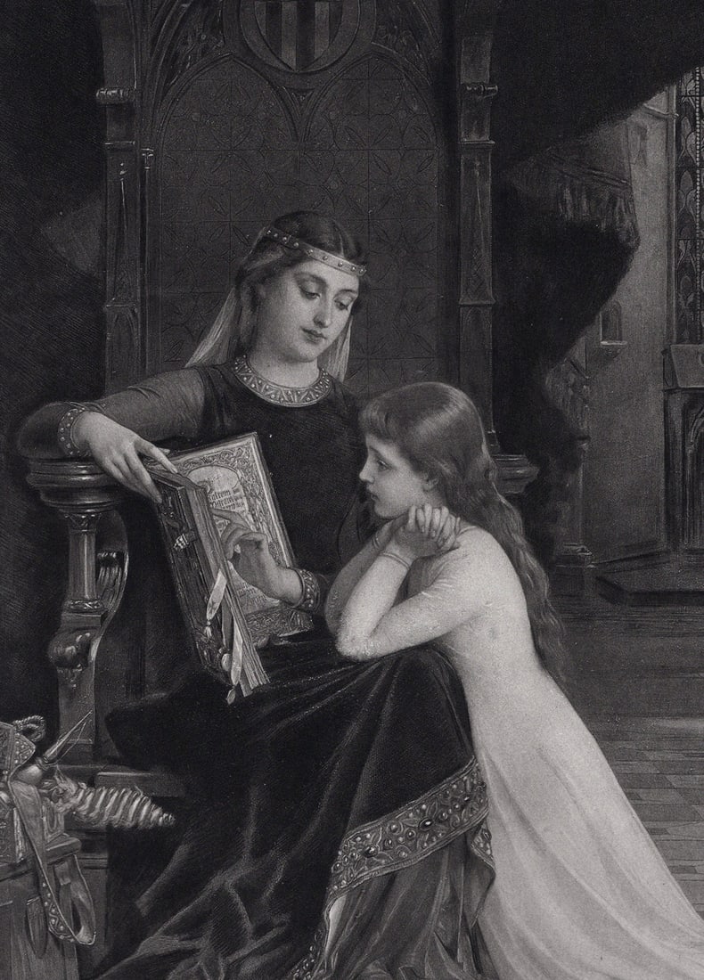 Emile Munier 1800s Antique Print Mother & Daughter Praying Framed SIGNED: Emile Munier (1840-1895). In Times of Yore. Antique Heliogravure on wove paper after the original by a Master Engraver. Signed in the plate, lower right. Year: c. 1890. Image Size 8 1/8 x 12