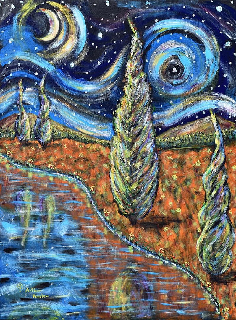 Arthur Kinslow Original Painting Galaxy of Stars 36 x 48 Inches: Arthur Kinslow ( American, 1955 - ) Galaxy of Stars. Original Acrylic on Canvas.Signed by the artist lower center. Canvas Size 36 x 48 inches. Arthur Kinslow has been involved in art his entire life