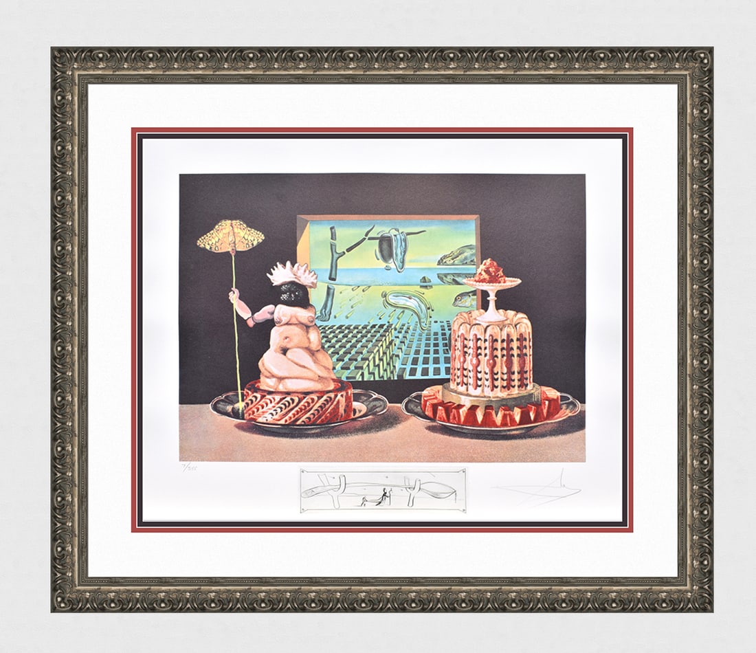 Salvador Dali Lithograph Diners of Gala Signed Numbered Limited Framed: Salvador Dali. Les Je Mange Gala (The 'I Eat Gala's)(From Les Diners de Gala). Offset Lithograph in colors with Original Etched Remarque (Spoon on Crutches) lower center, on watermarked BFK Rives Pape