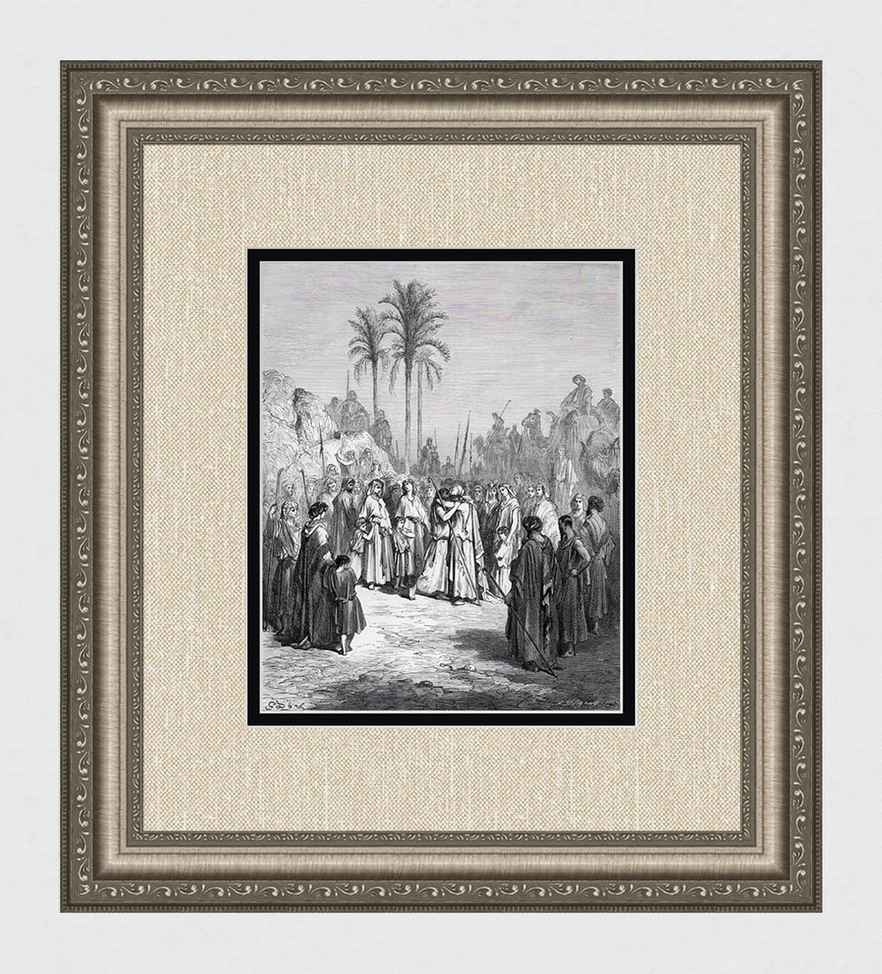 1800s Gustave Dore Religious Woodcut Jacob and Esau Make Peace Framed Signed: Gustave Dore (Paul Gustave Louis Christophe Dore) (French, 1832-1883). The meeting of Esau and Jacob (from Dore's Bible). Antique woodcut wove paper after the original by a master wood engraver Louis 