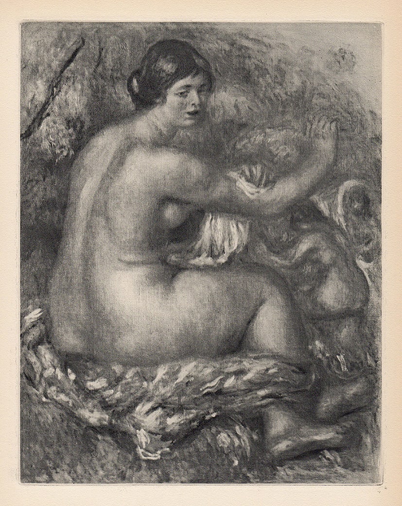 1919 Pierre Auguste Renoir Engraving "Nude Washing" Limited Framed: Pierre Auguste Renoir (1841 - 1919). Seated Nude Bathing (Femme nue s'essuyant). Antique copper plate heliogravure engraving on beau papier teinte hand pulled by Emile Fequet in Paris on December 15, 