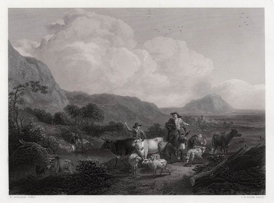 FRAMED 1800s Nicolaes Berchem Engraving PASTORAL LANDSCAPE Signed: Nicolaes Berchem (Dutch, 1621/22-1683). The Herdsman. Antique engraving on wove paper after the original by master engraver James Baylis Allen (British, 1803-1876). Year: 1859. Image Size 7 3/8 x 10 1