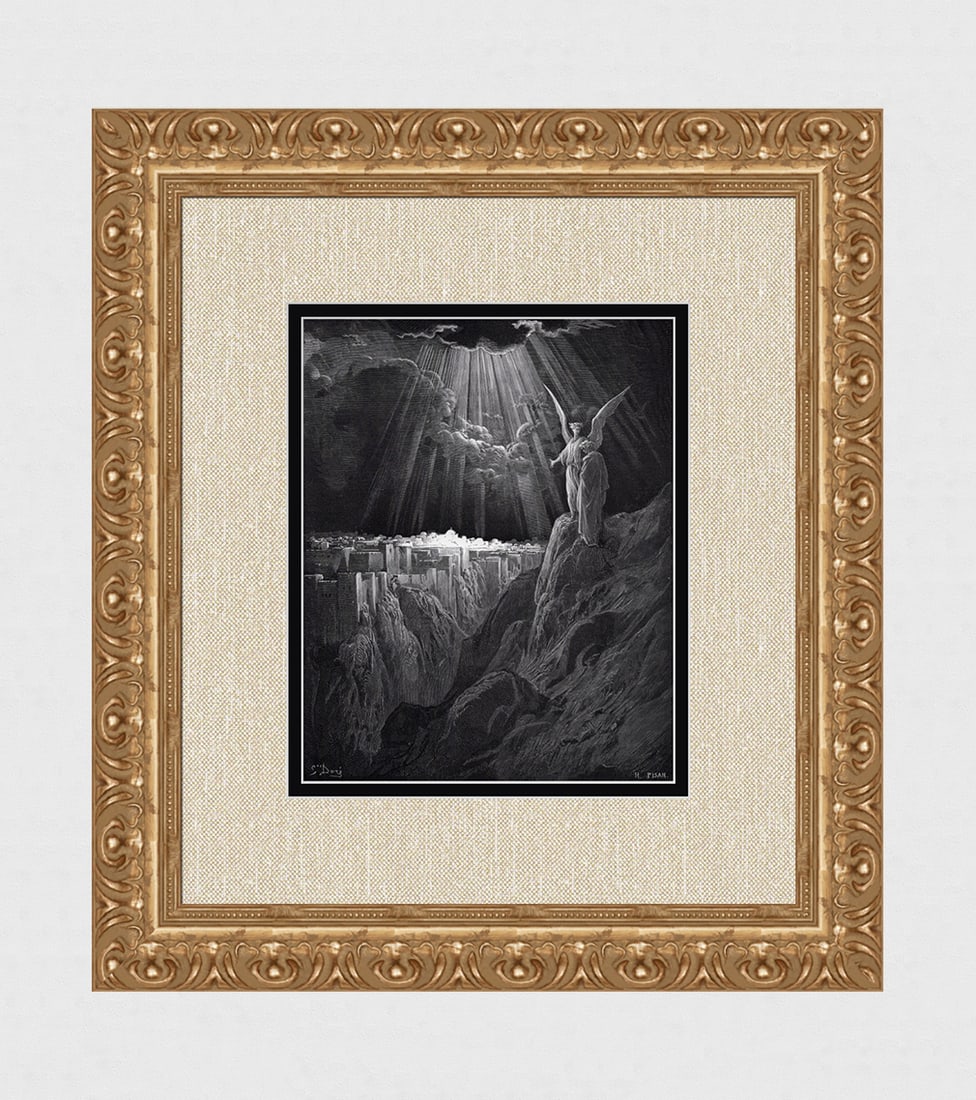 1800s Gustave DORE Wood Engraving The Angel & Saint John Framed SIGNED: Gustave Dore (Paul Gustave Louis Christophe Dore )(French, 1832-1883). The Angel showing Jerusalem in ruins to Saint John (Dore's Bible). Antique Wood Engraving on wove paper after the original drawin