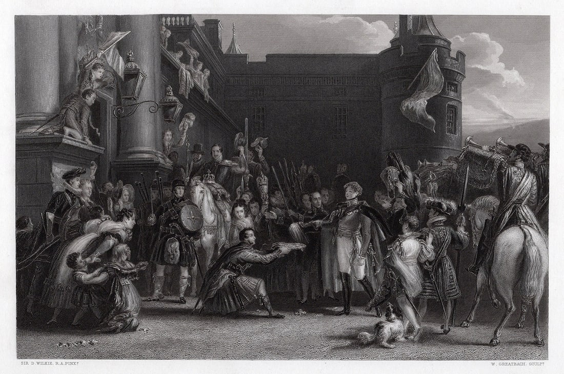 David Wilkie 1800s Antique Engraving The King At Holyrood Signed Framed: David Wilkie Wynfield (British, 1837 - 1887). The King At Holyrood. Antique engraving on wove paper after the original by master engraver?William Greatbach (British, 1802-1894). Year:?1858. Signed in 