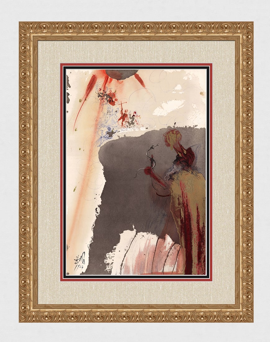 Dali 1967 Moses Original Biblia Sacra Framed Lithograph: Salvador Dali. "Cumque elevasset Moyses manum, percutiens virga bis silicem, egressae sunt aquae largissimae (And Moses lifted up his hand, with his rod he struck the rock twice: and the water came
