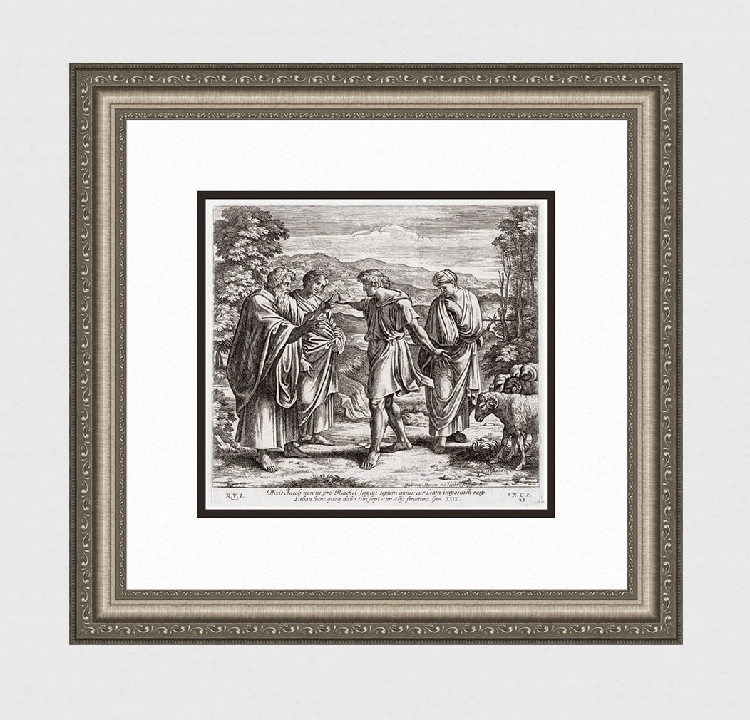 Raphael 1649 Engraving Vatican Jacob agrees to work seven years: Raphael (Italian, 1483-1520). Jacob agrees to work seven years . Antique 1649 engraving on laid paper after the original from the series of etchings Biblical Scenes, after the frescoes by Raphael in t