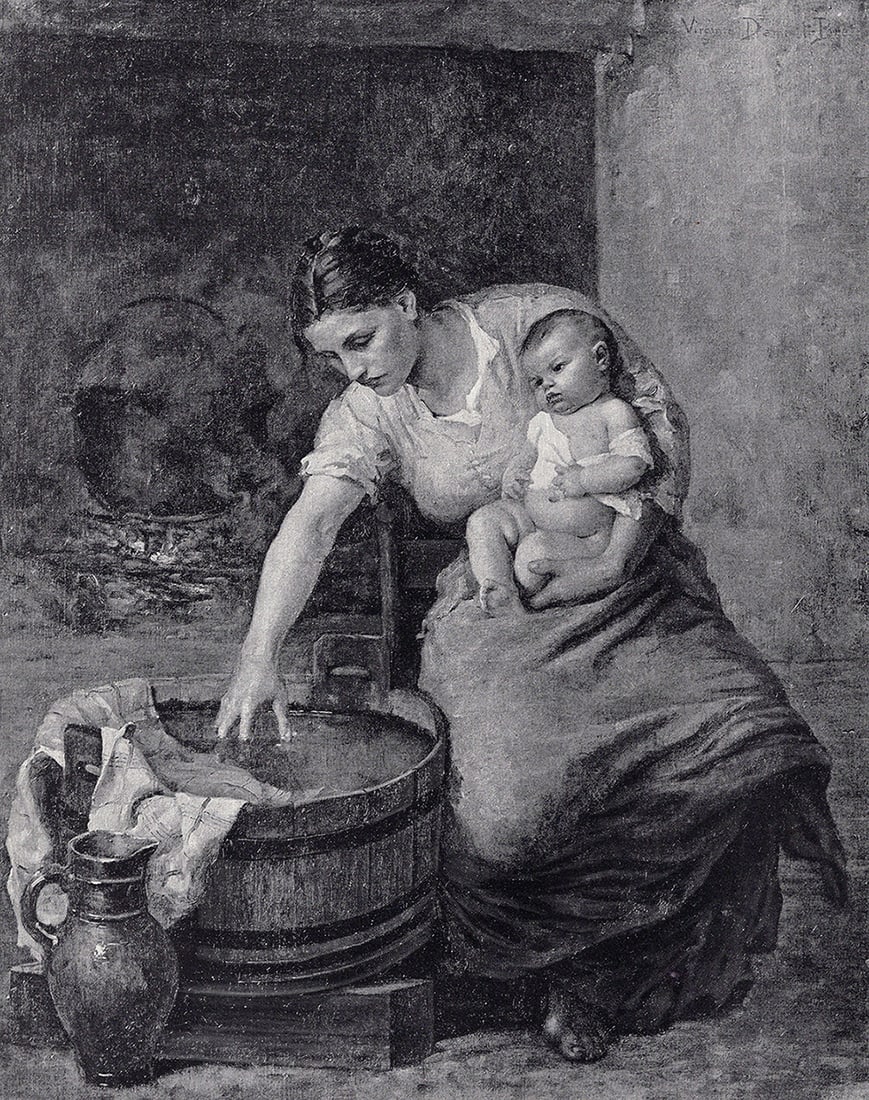 Virginie Demont-Breton 1800s Antique Print Mother & Child SIGNED Framed: Virginie Demont-Breton (Virginie elodie Marie Therese Demont-Breton) (French, 1859 - 1934). The Bath. Antique print after the original. Year: c. 1890. Signed in the plate, upper right. Image Size 8 x 