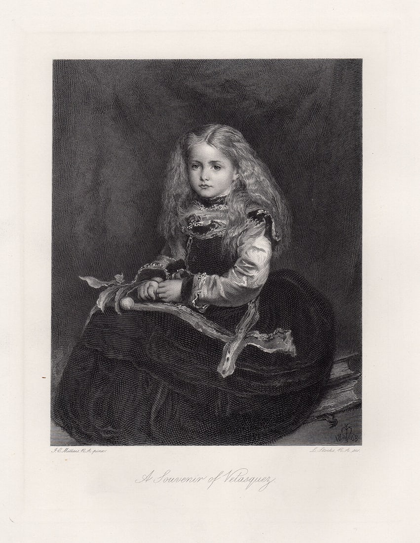 Sir John Everett Millais A Souvenir of Velasquez engraving signed: Sir John Everett Millais, 1st Baronet, (English, 1829-1896). A Souvenir of Velasquez. Antique engraving on wove paper after the original oil on canvas by master engraver Lumb Stocks (British, 1812-189
