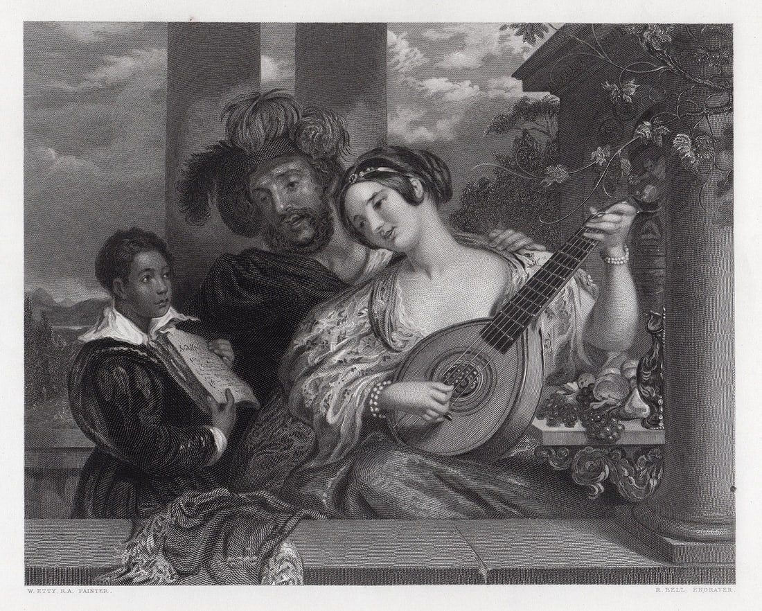 William Etty Il Duetto (The Duet) engraving signed: William Etty. (English, 1787 - 1849). Il Duetto (The Duet). Antique engraving on wove paper after the original Oil paint on mahogany by master engraver Robert Charles Bell (Scottish, 1806 - 1872).