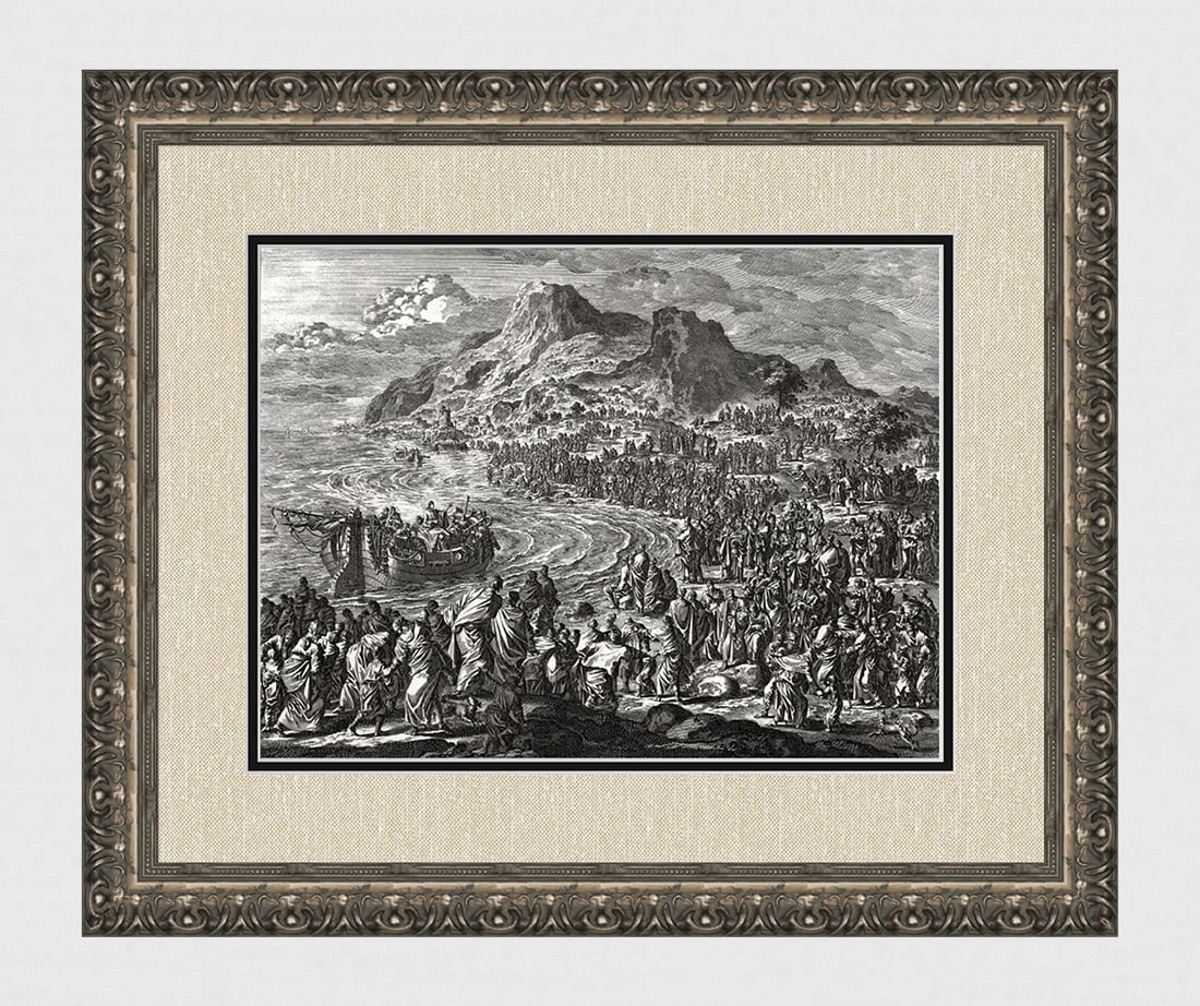 1747 Monumental Engraving Jan Luyken Jesus Teaches the Multitudes Framed: Jan Luyken (Dutch, 1649 - 1712). Jesus Christ teaches while seated on a basket. Antique engraving on laid paper. Year: 1747. Publisher: Frans Houtteyn. Reference: Hollstein / Dutch and Flemish etching