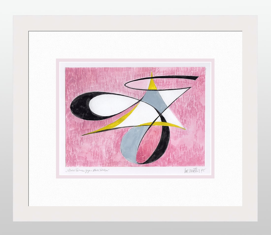 Mathis Original Gouache Abstract Twist Framed Signed Swiss: Josef Johann Mathis (Joe Mathis, 1913 - 2002; Swiss). Clear Forms Against Clear Colors (Klare Formen gegen Klare Farben). Original Mixed Media Gouache on paper. Year: 1995. Hand signed and dated in