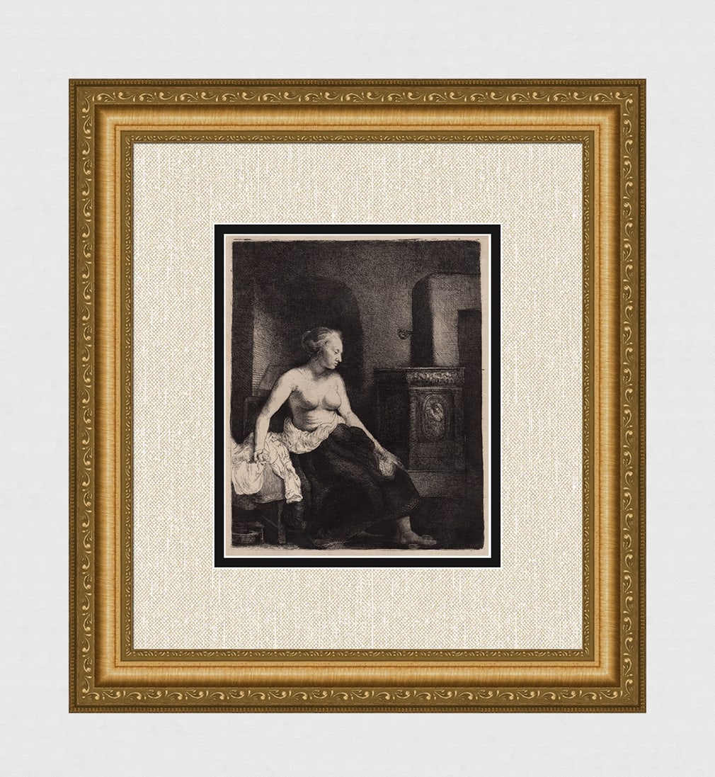 1800s REMBRANDT B197 Woman Sitting Half Dressed Beside a Stove Durand: After Rembrandt Harmenszoon Van Rijn (1606-1669). Title: Woman Sitting Half Dressed Beside a Stove. Medium: Antique hand pulled copper plate etching on laid paper after the original by master etcher A