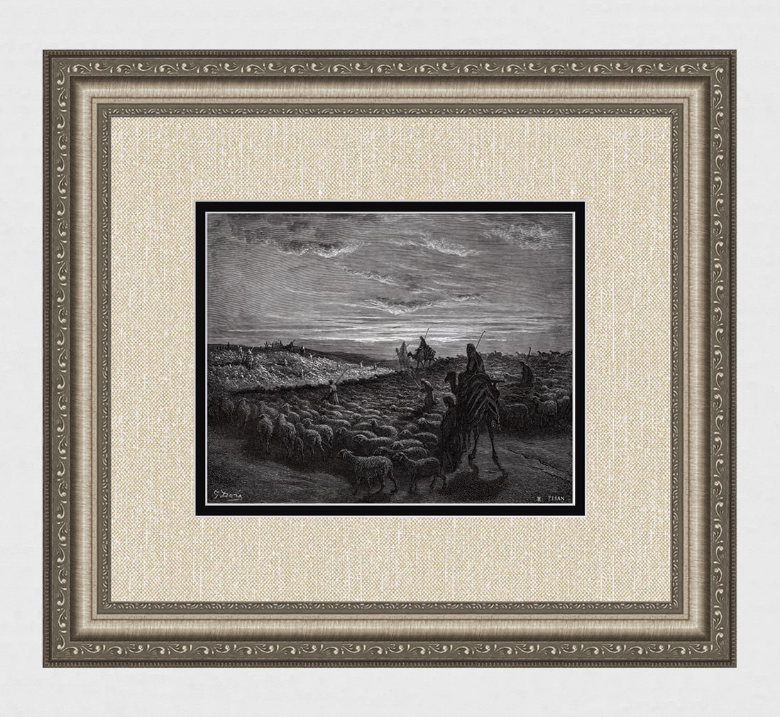 1800s GUSTAVE DORE Biblical Woodcut Abraham Journeys to Egypt SIGNED Framed: Gustave Dore (Paul Gustave Louis Christophe Dore) (French, 1832-1883). Abraham Journeying into the land of Canaan (from Dore's Bible). Antique woodcut wove paper after the original by a master wood