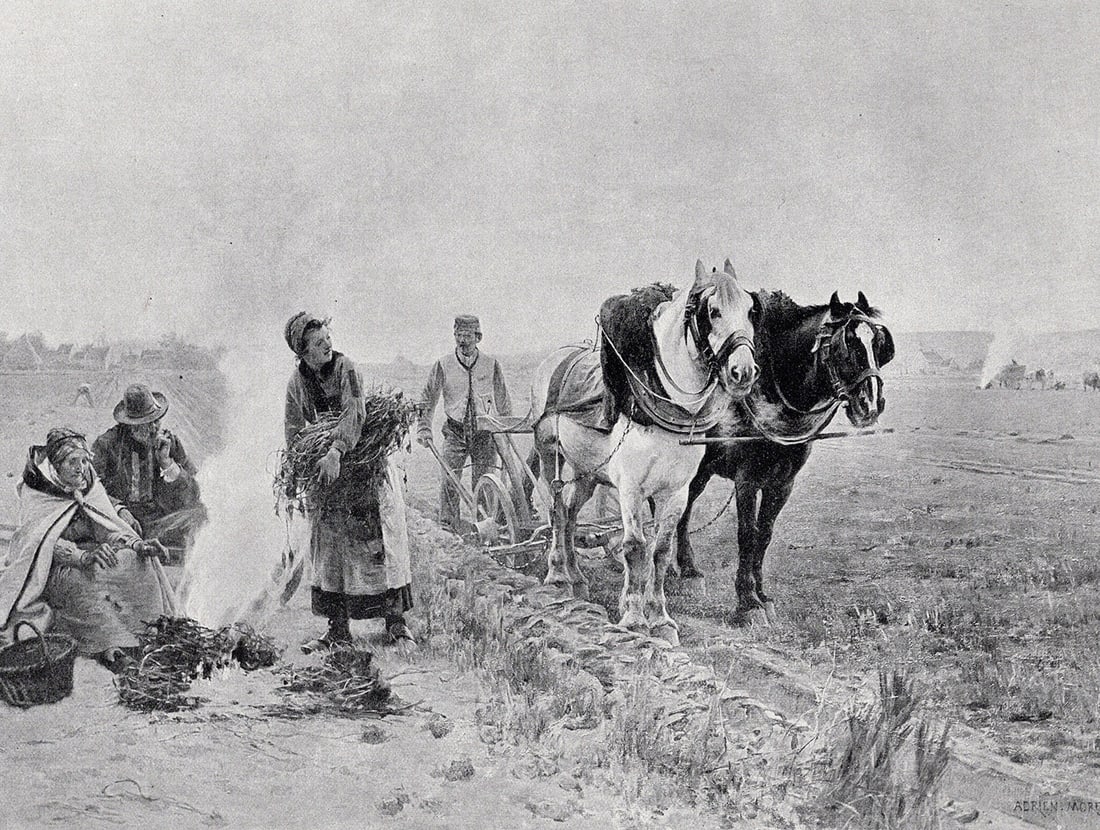 Auguste Moreau 1800s Antique Print Autumn, Plowing the Fields SIGNED Framed: Augustine Moreau (1834 - 1917). Plowing the Fields. Antique print after the original. Year: c. 1890. Signed in the plate, lower right. Image Size 7 x 10 inches. Framed dimensions approximately 16 x