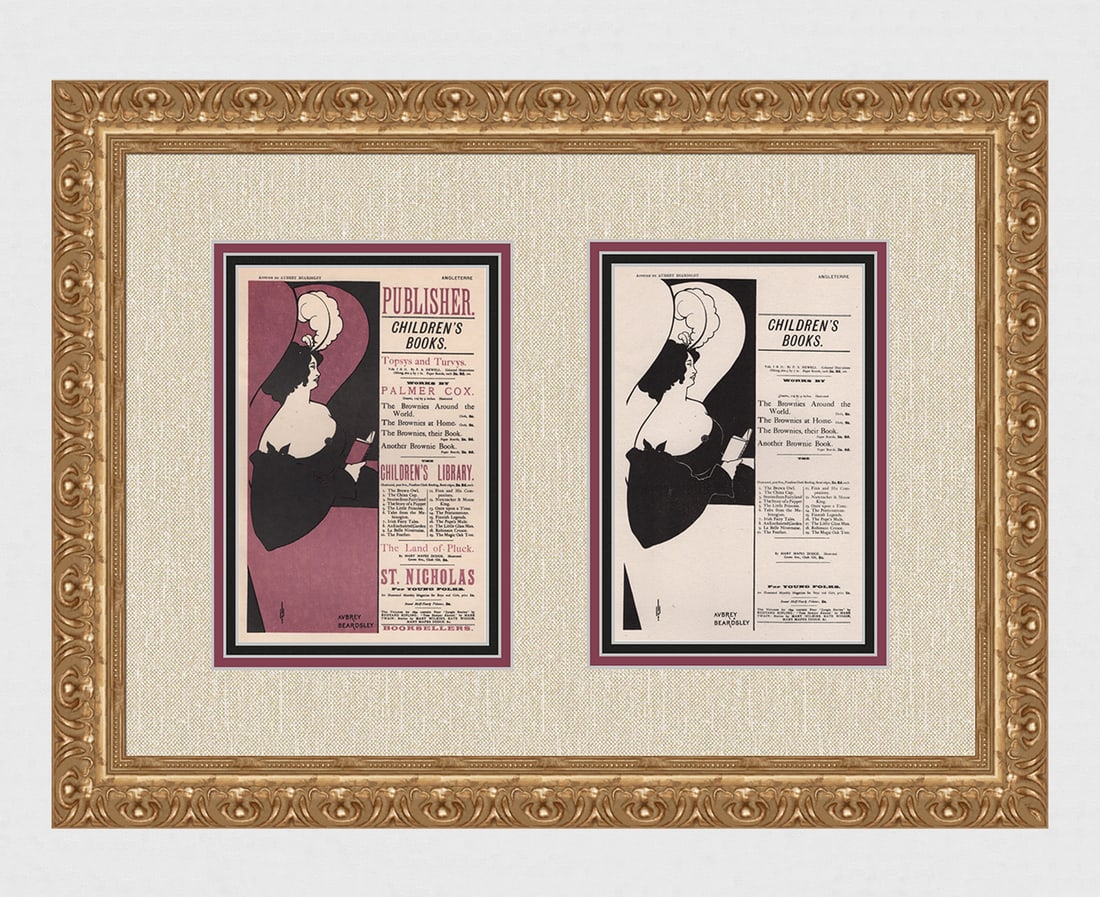 1897 Aubrey Beardsley Publisher Children's Books one of 25 on Japon with proof: Aubrey Beardsley (1872-1898). Publisher. Children's Books. Stone lithograph on Japon Paper. Extremely rare. One of only 25 printed on Japon paper and accompanied by single color proof. Year Printed: