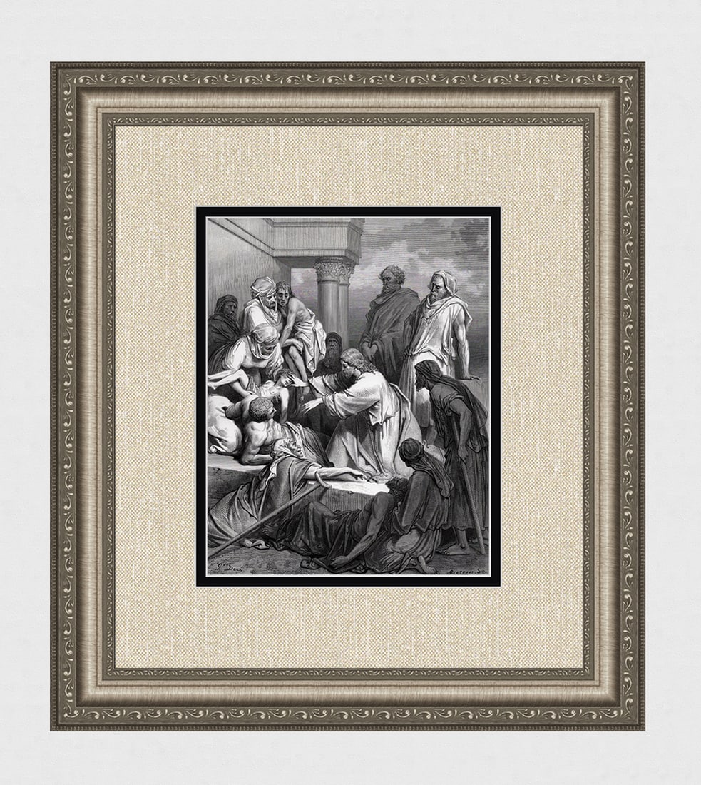 Biblical 1800s Gustave DORE'S BIBLE Woodcut Jesus healing the Sick SIGNED FRAMED (1 of 3)