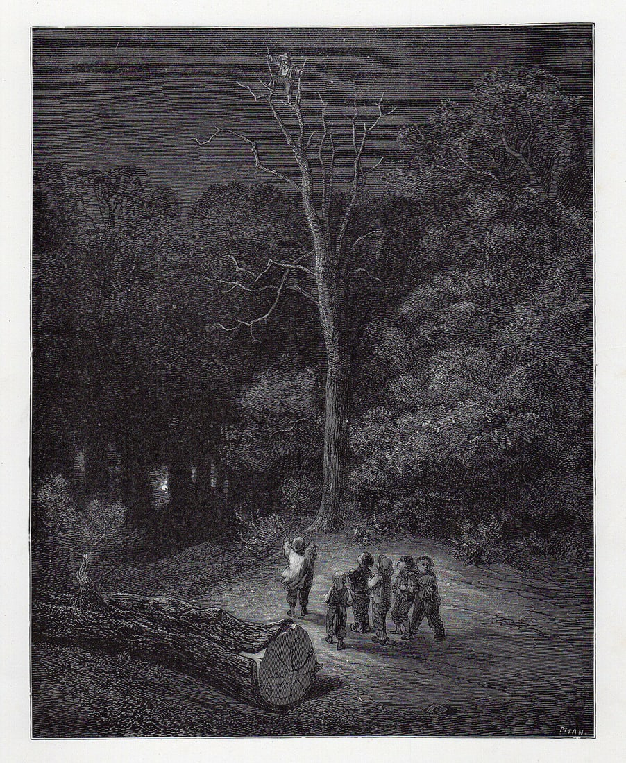 Gustave Dore Little Tom Thumb VI 1880 Wood Engraving Signed: Gustave Dore. Little Tom Thumb VI. Antique Wood Engraving on thick wove paper after the original by master wood engraver Heliodore Pisan (French, 1822 - 1890). 1880. Signed in the plate. Image size 7