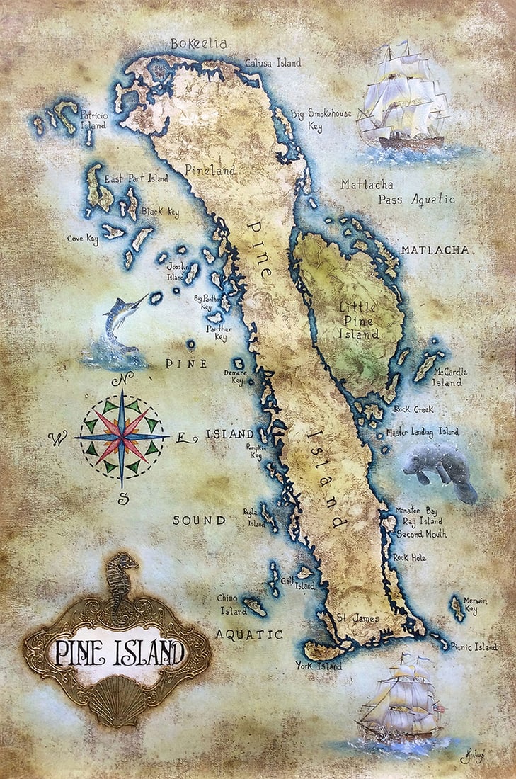 Original Julius Salazar Pine Island Map Gallery Painting 24 x 36 Inches: Julius Lira Salazar. "Pine Island Map" Original painting on canvas. Signed by the Artist. Canvas Size 24 x 36 inches. Born In Madre De Dios, Peru, In 1973, Julius Lira Salazar Comes From One Of The Po