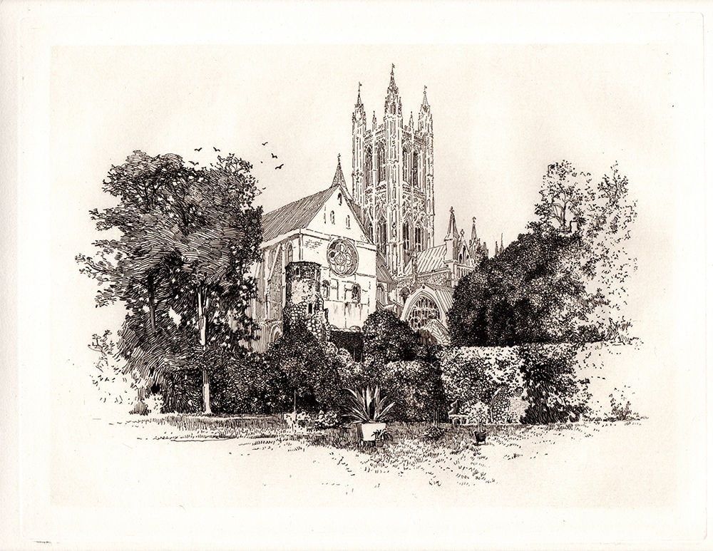 Joseph Pennell Canterbury Cathedral 1885 etching: Joseph Pennell. (American, 1857-1926). "Canterbury Cathedral". Hand Pulled copper plate etching on laid paper. 1885. Excellent. Image Size 7 1/4 x 9 3/4 inches. Framed dimensions approximately 16 x