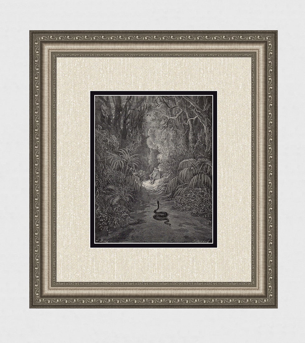 Gustave Dore Adam & Eve with the Snake (Milton's Paradise Lost) c. 1880 Woodcut Signed: Gustave Dore (Paul Gustave Louis Christophe Dore) (French, 1832-1883). Adam, Eve and the Snake (Milton's Paradise Lost). Antique woodcut wove paper after the original by master wood engraver Louis Pau