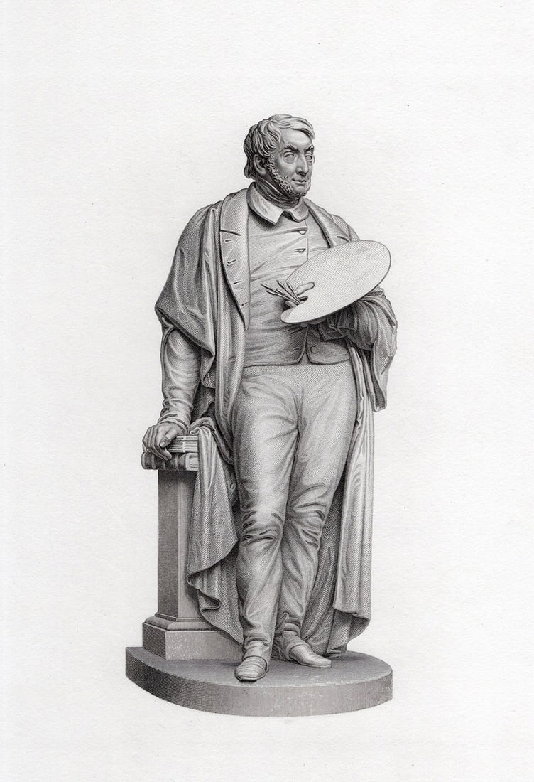 1800s Edward H. Baily Engraving JMW TURNER with PALETTE & BRUSHES Framed: Edward Hodges Baily (English, 1788-1867). Turner R. A. Antique engraving on wove paper after the original marble sculpture by master engraver William Callio Roffe (British, 1817-1894 or after). Year: 