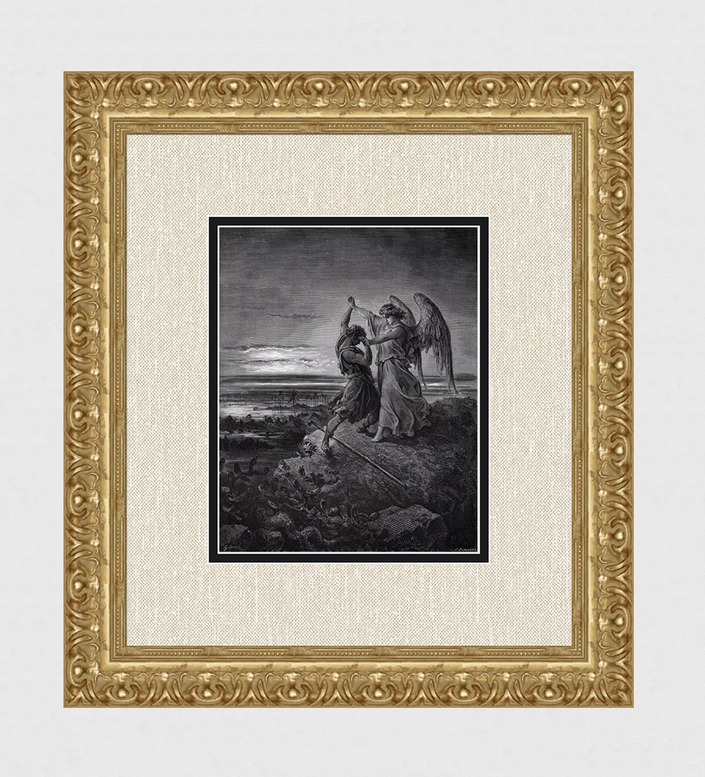 SIGNED 1800s Gustave DORE'S BIBLE Woodcut JACOB WRESTLES WITH GOD Framed: Gustave Dore (Paul Gustave Louis Christophe Dore) (French, 1832-1883). Jacob Wrestling With The Angel (From Dore's Bible). Antique woodcut wove paper after the original by a master wood engraver Charl