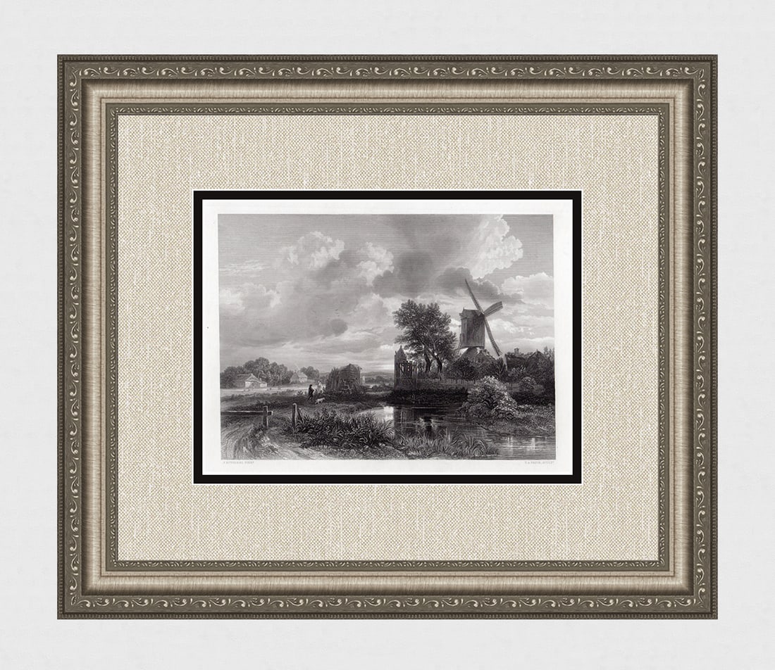 1800s RUISDAEL Engraving Landscape with Pond & Windmill Signed Framed: Jacob Isaackszoon van Ruisdael (Dutch, 1629-1682). The Windmill. Antique engraving on wove paper after the original by master engraver Thomas Abiel Prior (British, 1809-1886). Year: 1855. Signed in th