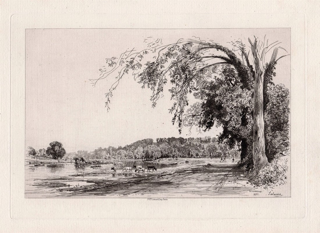 1872 Maxime LalanneThames etching signed: Maxime Lalanne. "The Thames at Richmond". Antique etching on thick laid paper. 1872. Signed in the plate lower right. Excellent. Image size 7 3/8 x 10 1/2 inches. Approximately 17 x 19 inches. This pi