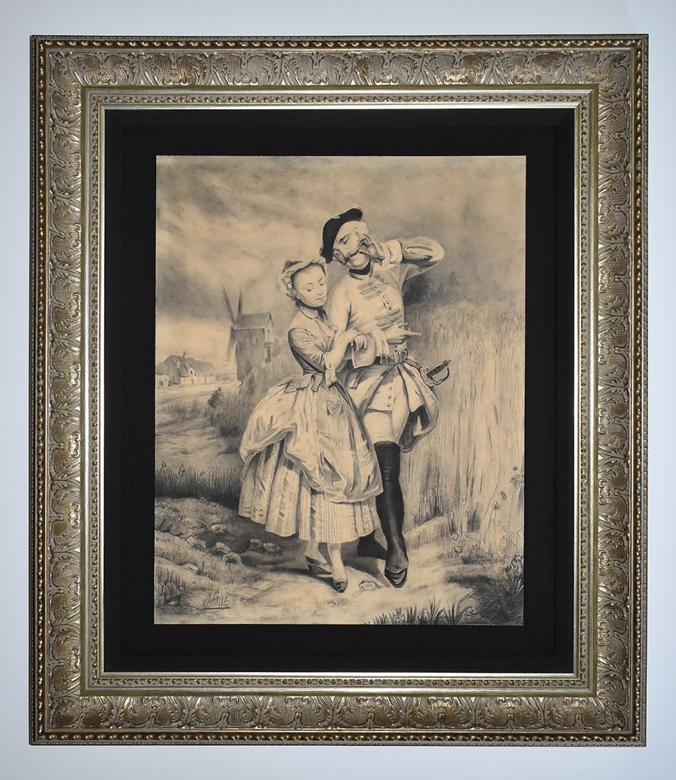 19th Century Ferier Original Charcoal The Lovers Framed Signed: G. Ferier. The Lovers (Evening Stroll). Original Charcoal drawing on wove paper. Early 1800's. Image size 11 3/4 x 15 inches. Framed dimensions 19 3/4 x 22 3/4 inches. This stunning original is floate