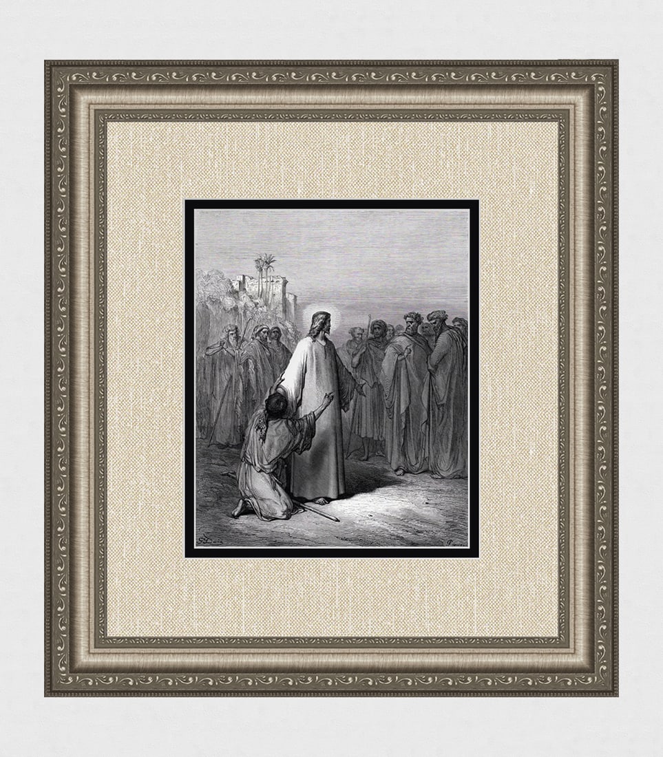 Gustave DORE 1800s Biblical Woodcut Jesus Heals the Possessed Man SIGNED Framed: Gustave Dore (Paul Gustave Louis Christophe Dore) (French, 1832-1883). Jesus Healing the Man Possessed with a Devil (from Dore's Bible). Antique woodcut wove paper after the original by a master wood 