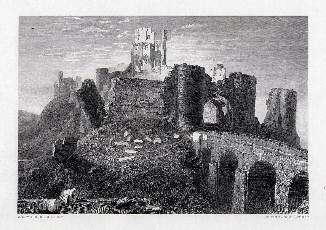 1800s William Turner Engraving Corfe Castle, Dorsetshire Framed Signed COA: Joseph Mallord William Turner (English, 1775-1851). Corfe Castle, Dorsetshire. Antique engraving on wove paper after the original by master engraver George Cooke (British, 1781-1834). Year: 1878. Refe