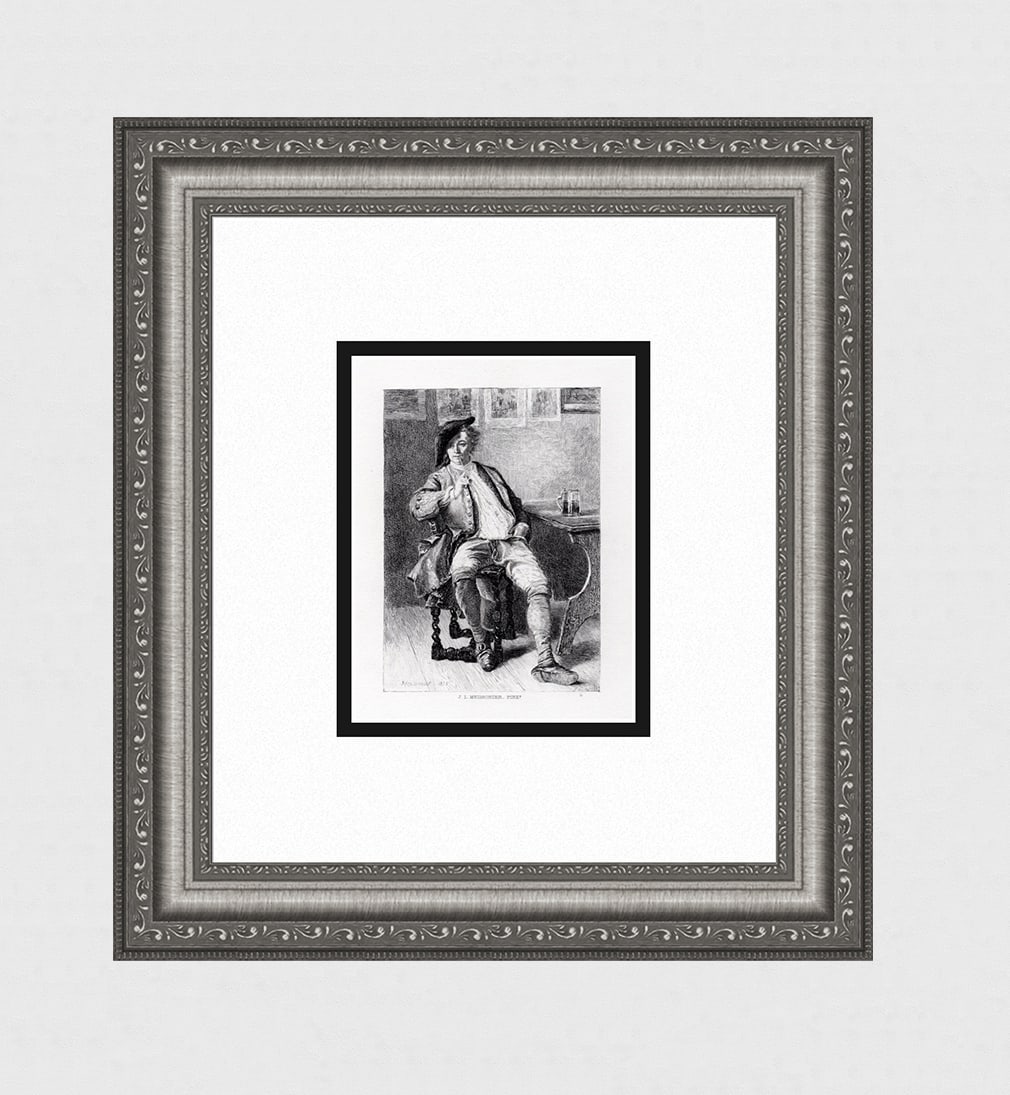 1800s MEISSONIER Engraving "Seated Man with a Pipe" SIGNED Framed: Ernest Meissonier (Jean-Louis Ernest Meissonier) (French,1815 - 1891). The Smoker. Antique engraving on wove paper after the original by master engraver Paul Rajon (French, 1843-1888). Signed in the p