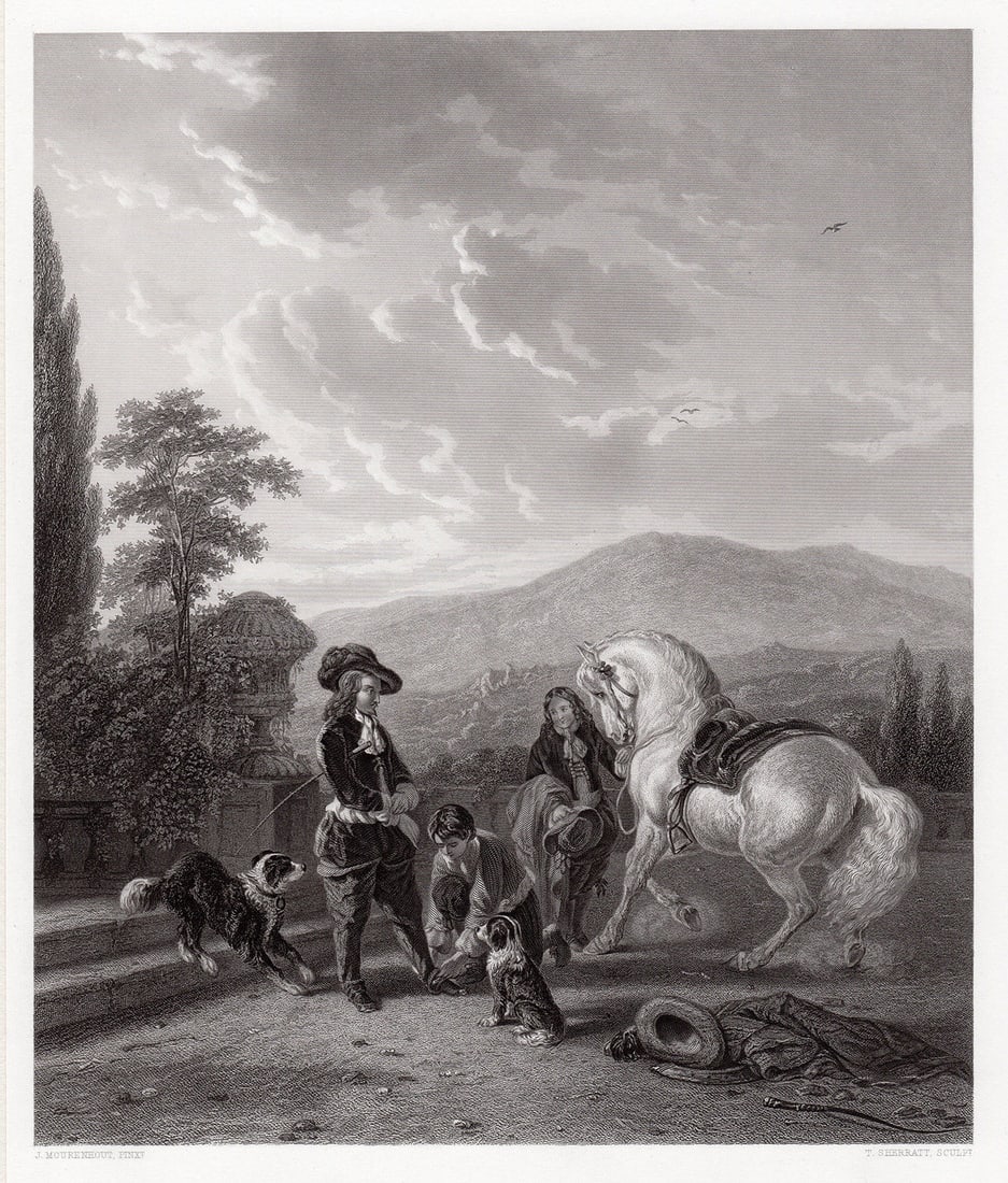 Josephus Jodecus Moerenhut Preparing for the Chase 1857 engraving: Josephus Jodecus Moerenhut. (Flemish, 1801 - 1875). Preparing for the Chase. Antique engraving on thick wove paper after the original painting by master engraver Thomas Sherratt (British, 1812 - 1880 