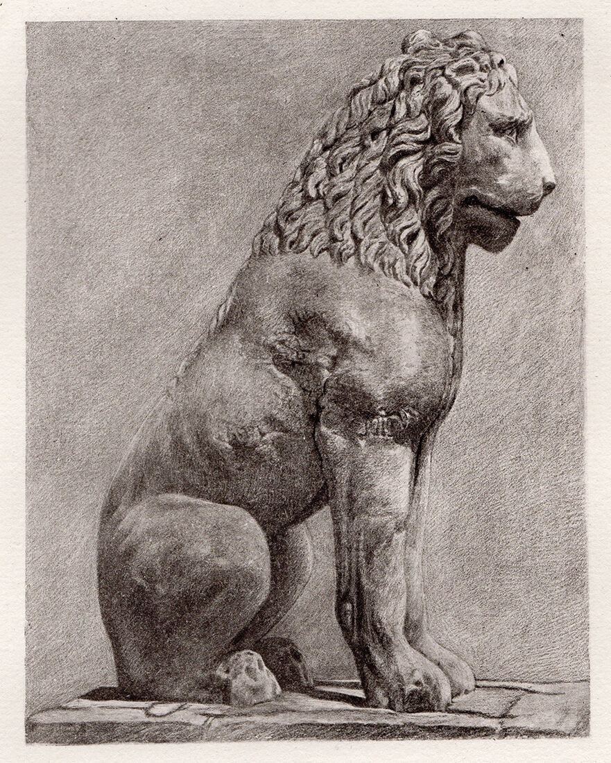 Greek Lion 1880 Engraving: Greek Lion. Antique engraving on laid paper after the original marble statue by a Master Engraver. 1880. Image Size 4 7/8 x 6 1/4 inches. Framed dimensions: Approximately 14 x 16 inches. This piece ha