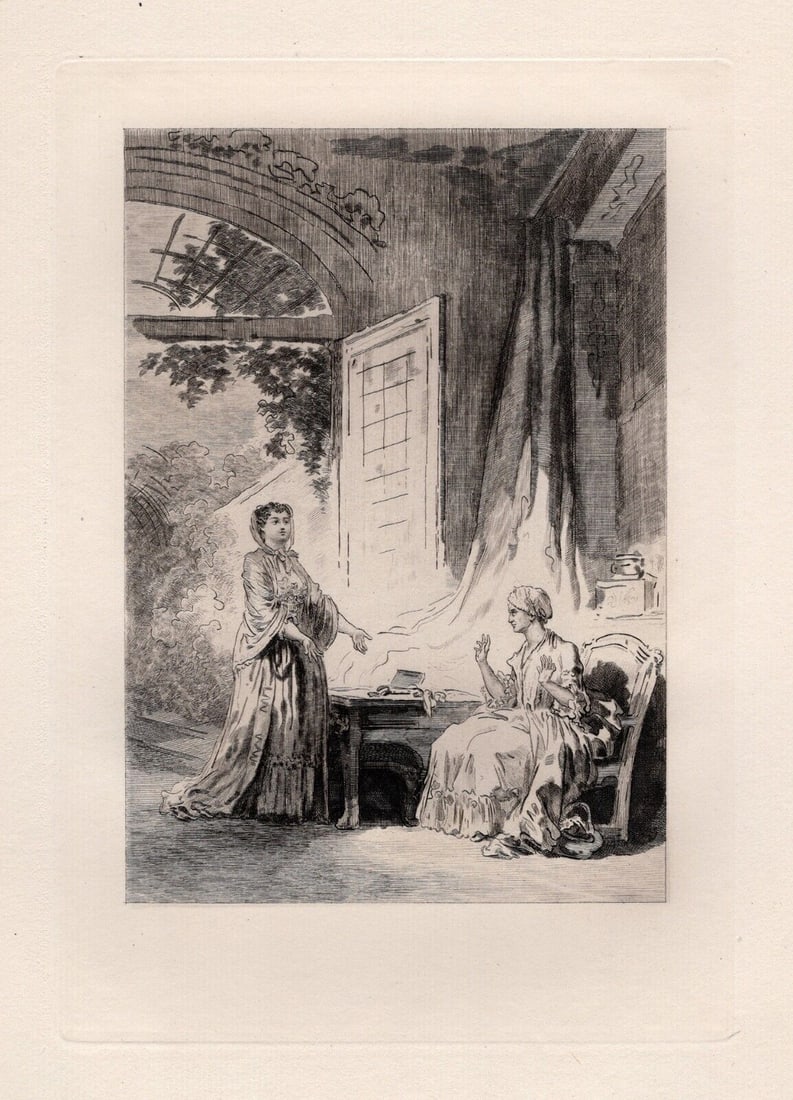 Limited 1800s JEAN-HONORE FRAGONARD Etching Confidente without Knowledge FRAMED: Jean-Honore Fragonard (French, 1732 - 1806). The Confidente without Knowledge or Strategy (La Confidente sans le Savoir ou le Stratageme) (from Conte de La Fontaine). Antique etching on laid paper aft