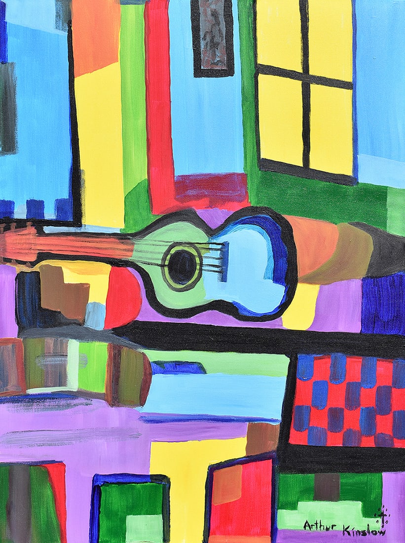 Arthur Kinslow Original Painting Still Life with Guitar 30 x 40 Inches: Arthur Kinslow ( American, 1955 - ) Still Life with Guitar. Original Acrylic on Canvas.Signed by the artist lower center. Canvas Size 30 x 40 inches. Arthur Kinslow has been involved in art his entire