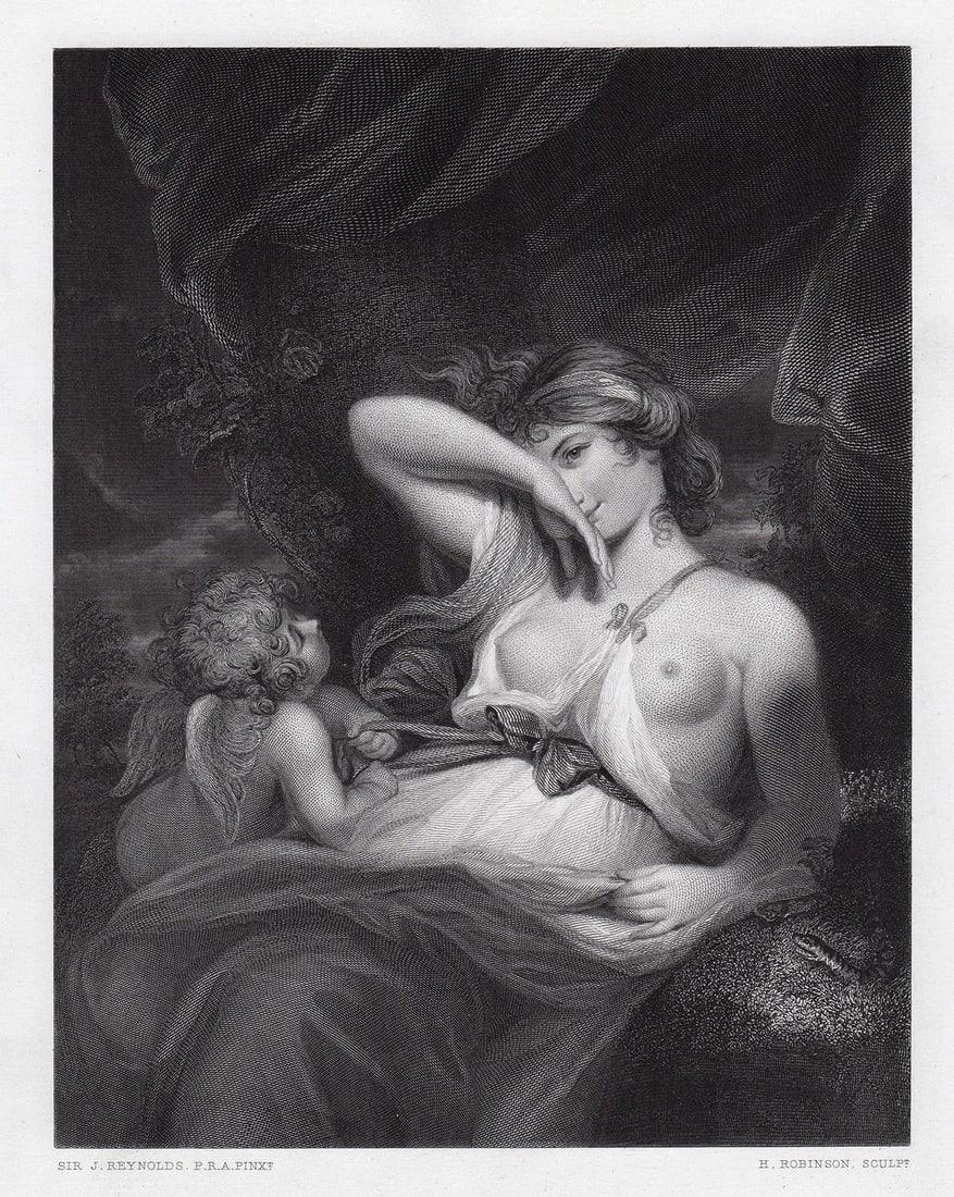 Sir Joshua Reynolds A Nymph and Cupid 1872 engraving: Sir Joshua Reynolds. (English, 1723-1792). The Snake in the Grass (A Nymph and Cupid). Antique engraving on wove after the original oil paint on canvas by master engraver Henry Robinson (1827-1872). 1