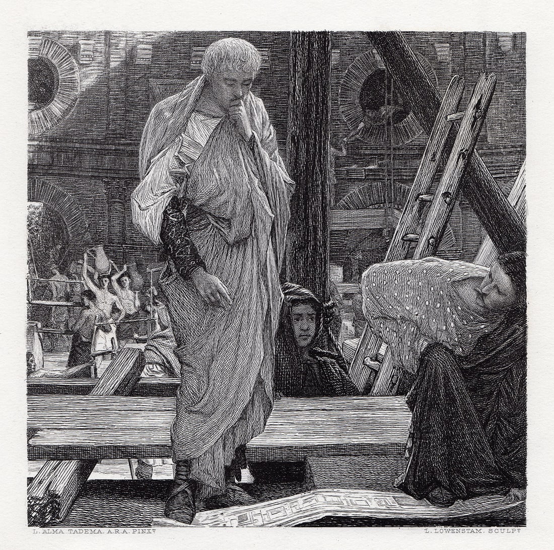 Sir Lawrence Alma Tadema Architecture in Ancient Rome 1878 engraving: Sir Lawrence Alma-Tadema (born Lourens Alma Tadema) (Dutch, 1836-1912). Architecture in Ancient Rome. Antique steel engraving on wove paper after the original by master engraver Leopold Henry Lowensta