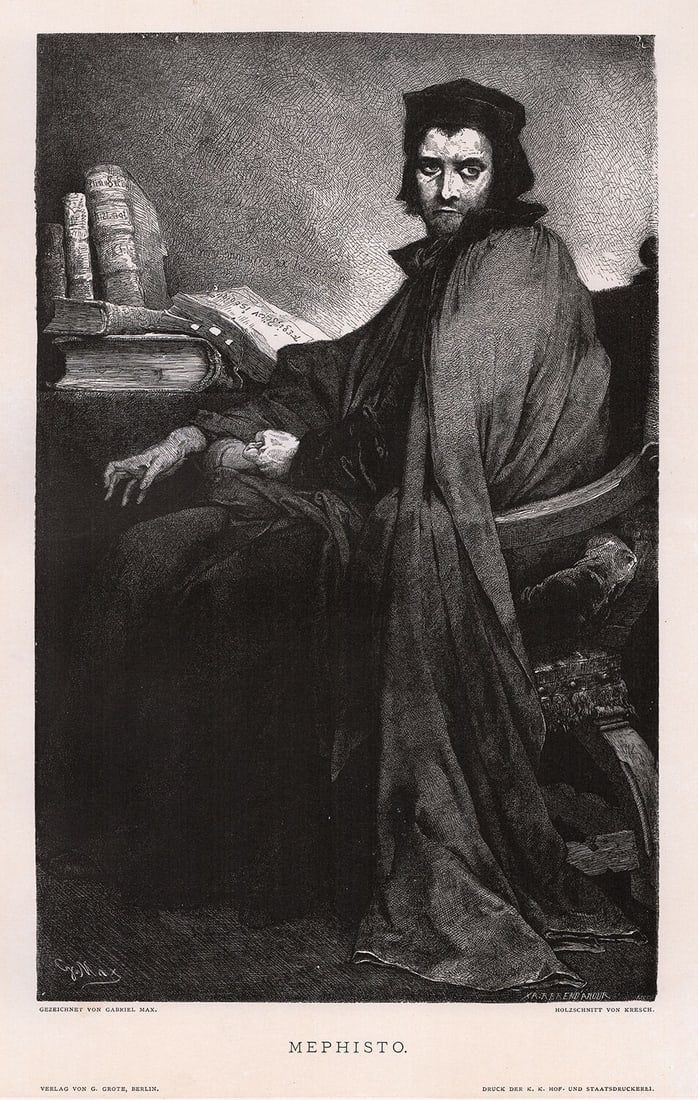 Gabriel Max Mephisto (Mephistopheles in Faust's Clothing) 1887 woodcut: Gabriel Max. (Gabriel Cornelius Ritter von Max) (Prague-born Austrian, 1840-1915). Mephisto (Mephistopheles in Faust's Clothing). Antique woodcut on wove paper after the original drawing by Master