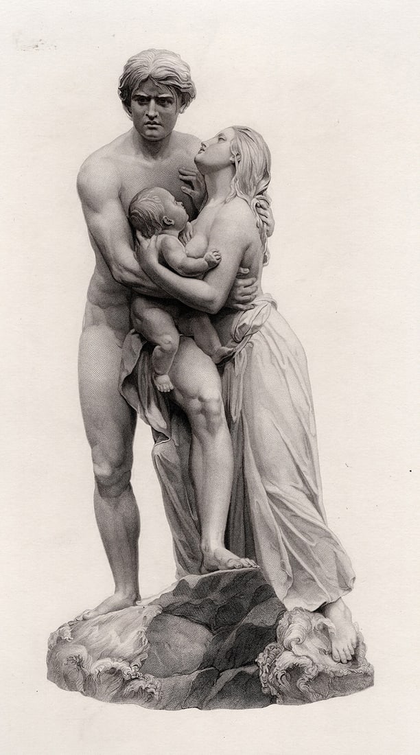 1800s Vincenzo Luccardi Religious Engraving The Deluge FRAMED: Vincenzo Luccardi (Italian, 1811-1876). A Scene of the Deluge. Antique engraving on wove paper after the original by master engraver George J Stodart (British, 1884-1890 c.fl.). Year: 1876. Image Size